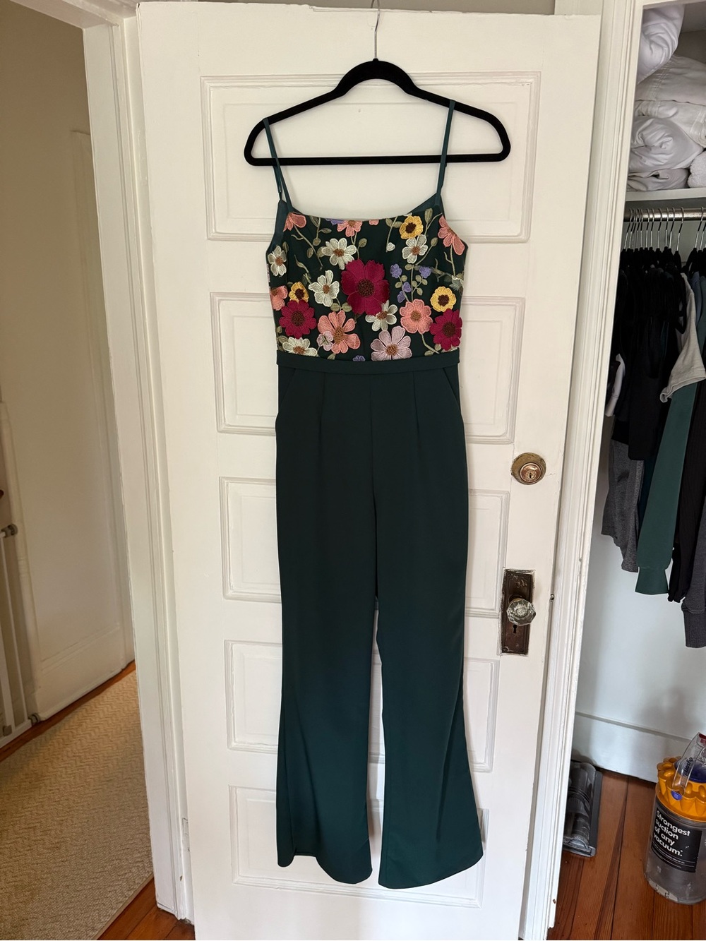 Embroidered Floral Bodice Dark Green Wide-Leg Jumpsuit